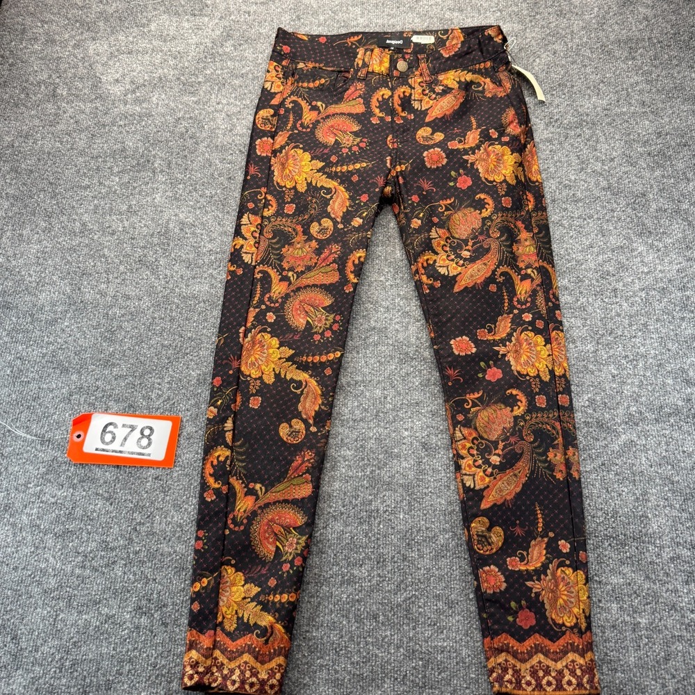 Desigual Cropped Jeans Womens 38 Black Orange Paisley Floral Print Skinny Leg